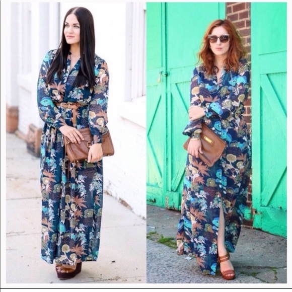 ❌SOLD❌H&M conscious long sleeve chiffon maxi Boho dress semi-sheer with belt - Picture 3 of 10